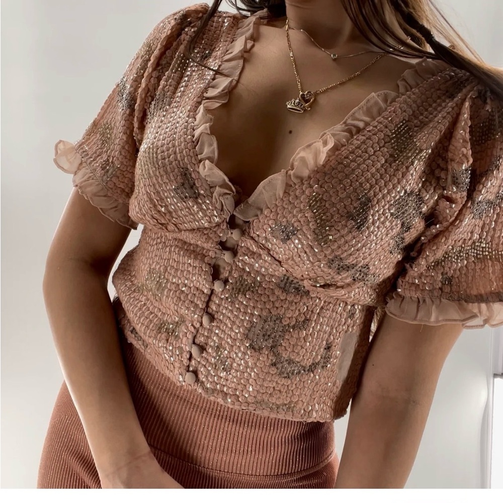 Anthropologie Blush Sequin Crop Top